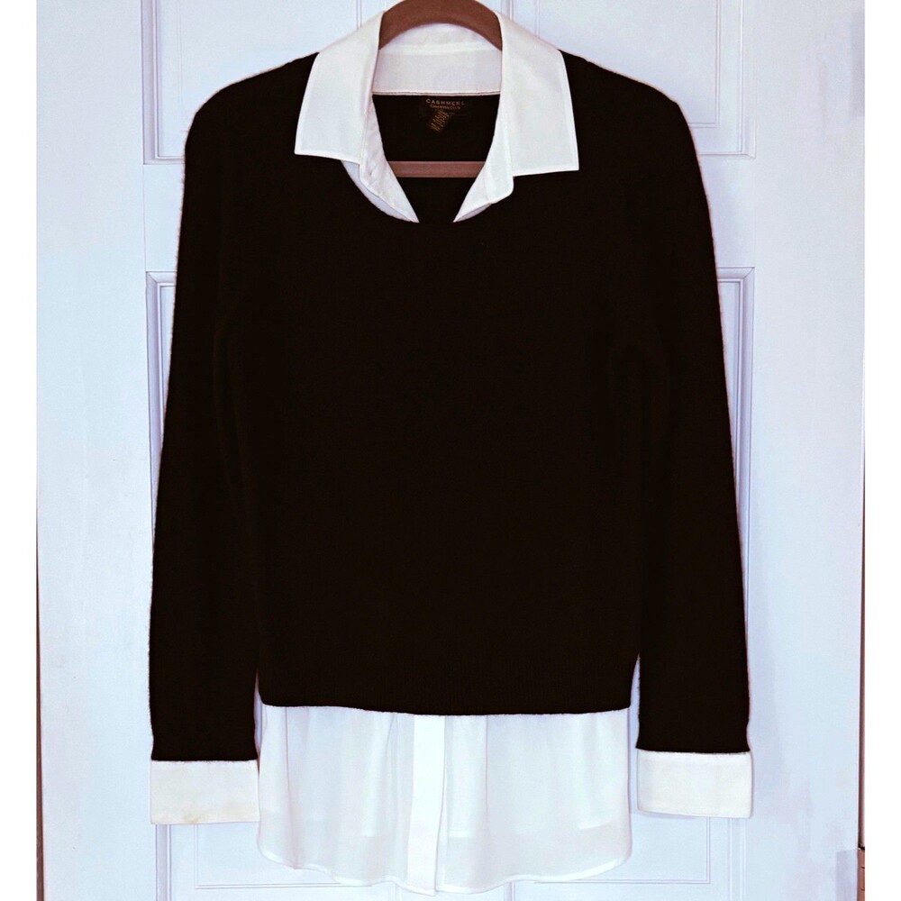 Charter Club 100% Cashmere Sweater Size M Black White Layered Shirt Luxury